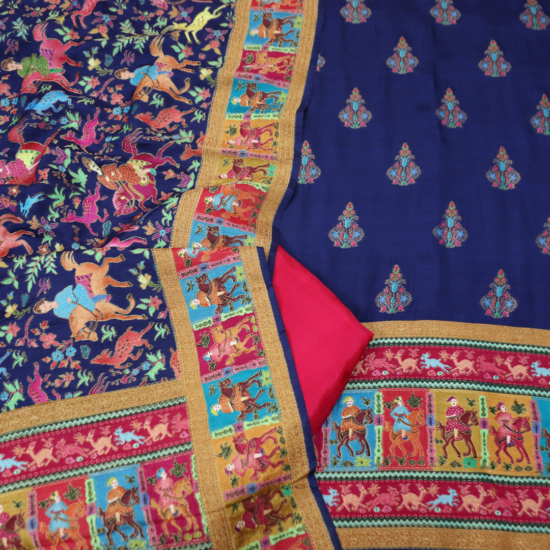 Saraayah Blue Luxe Pochampally Print in Pogishan Jacquard Weaved Gajji Silk Set