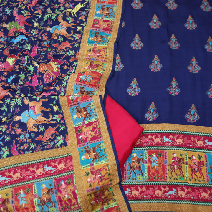 Saraayah Blue Luxe Pochampally Print in Pogishan Jacquard Weaved Gajji Silk Set