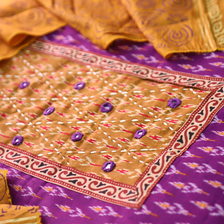 Sangroop Purple with Yellow Ikkat Printed Cotton Suit Set