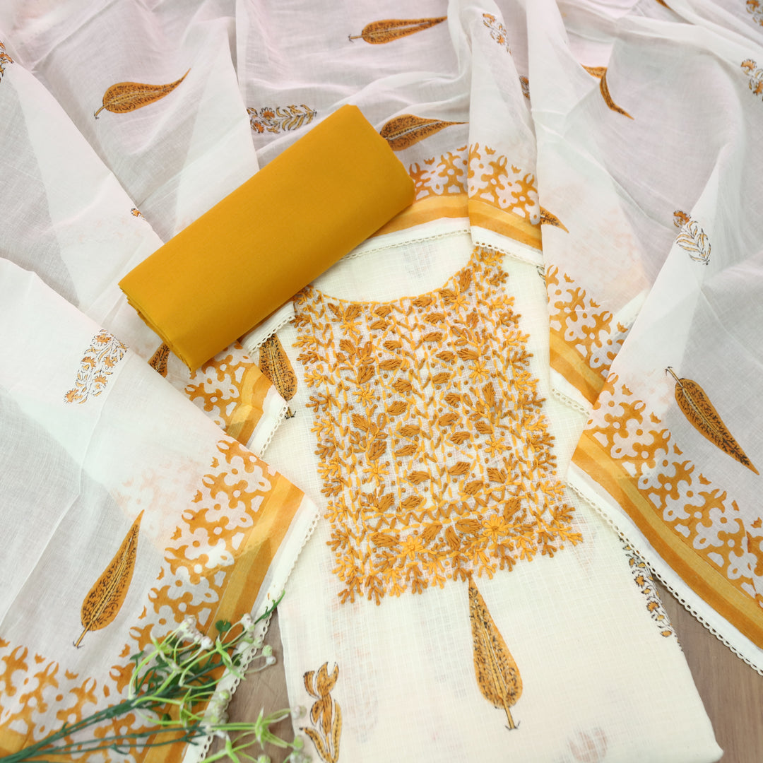 Shanvi Pearl White with Yellow Kolkata Embroidered Kota Doriya Set