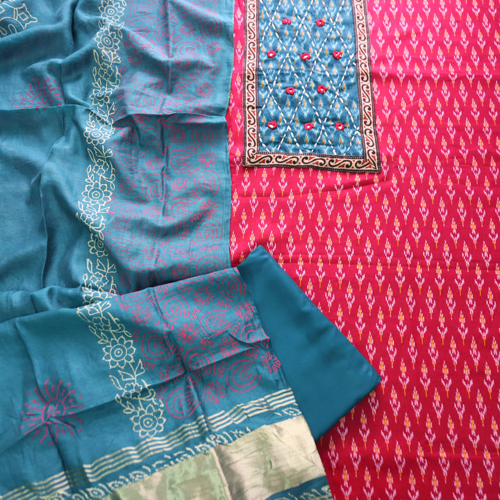 Sangroop Pink with Teal Ikkat Printed Cotton Suit Set