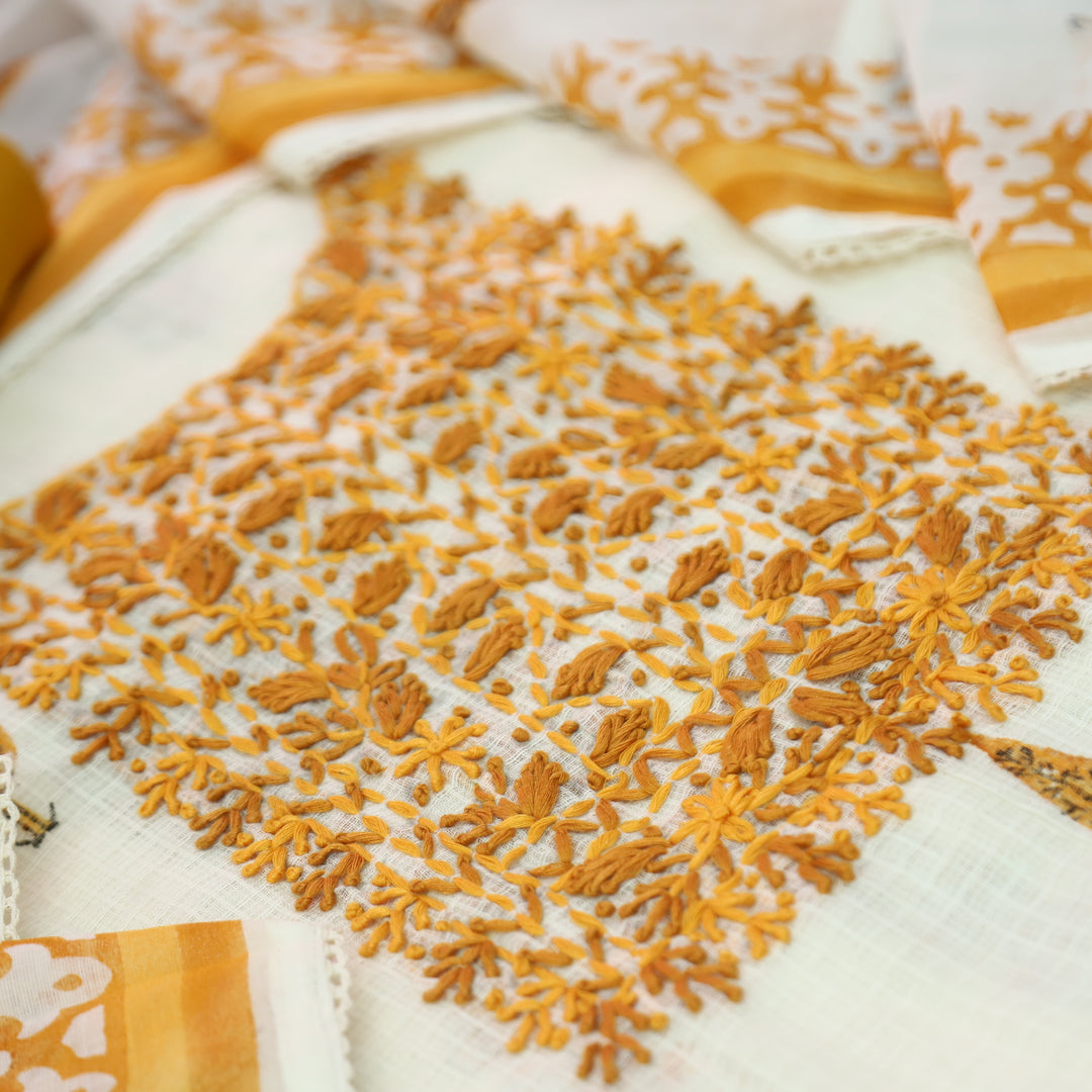 Shanvi Pearl White with Yellow Kolkata Embroidered Kota Doriya Set