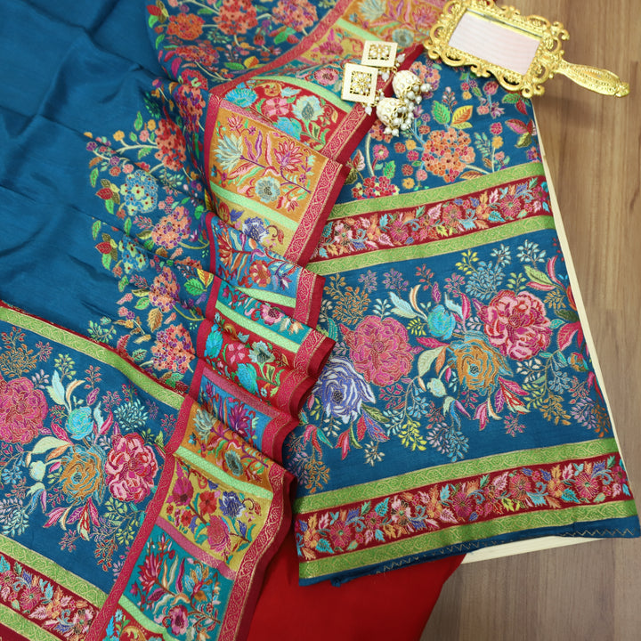 Saraayah Teal Luxe Pochampally Print in Pogishan Jacquard Weaved Gajji Silk Set