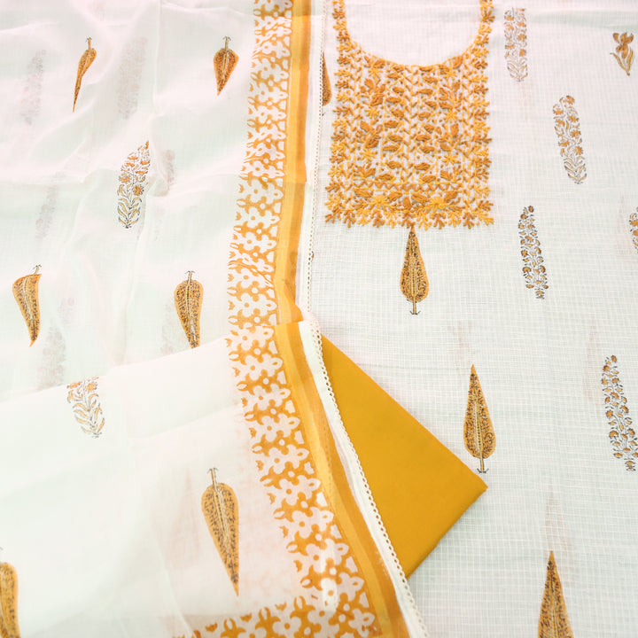 Shanvi Pearl White with Yellow Kolkata Embroidered Kota Doriya Set