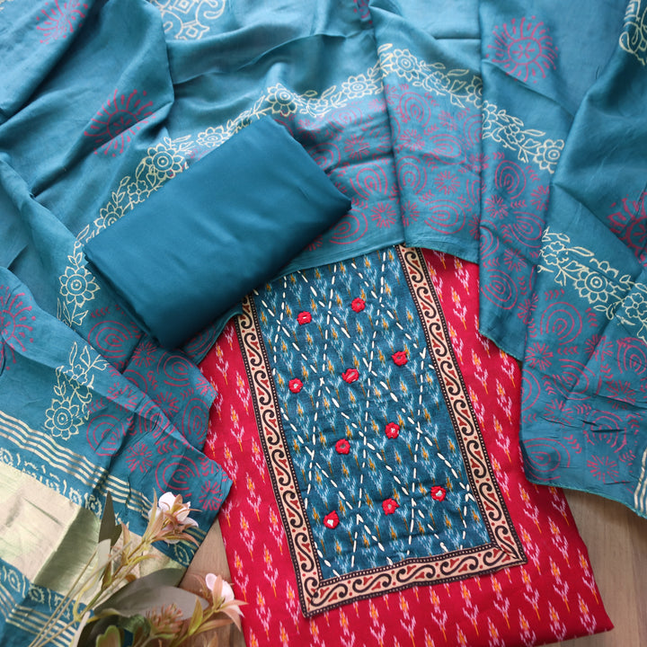Sangroop Pink with Teal Ikkat Printed Cotton Suit Set