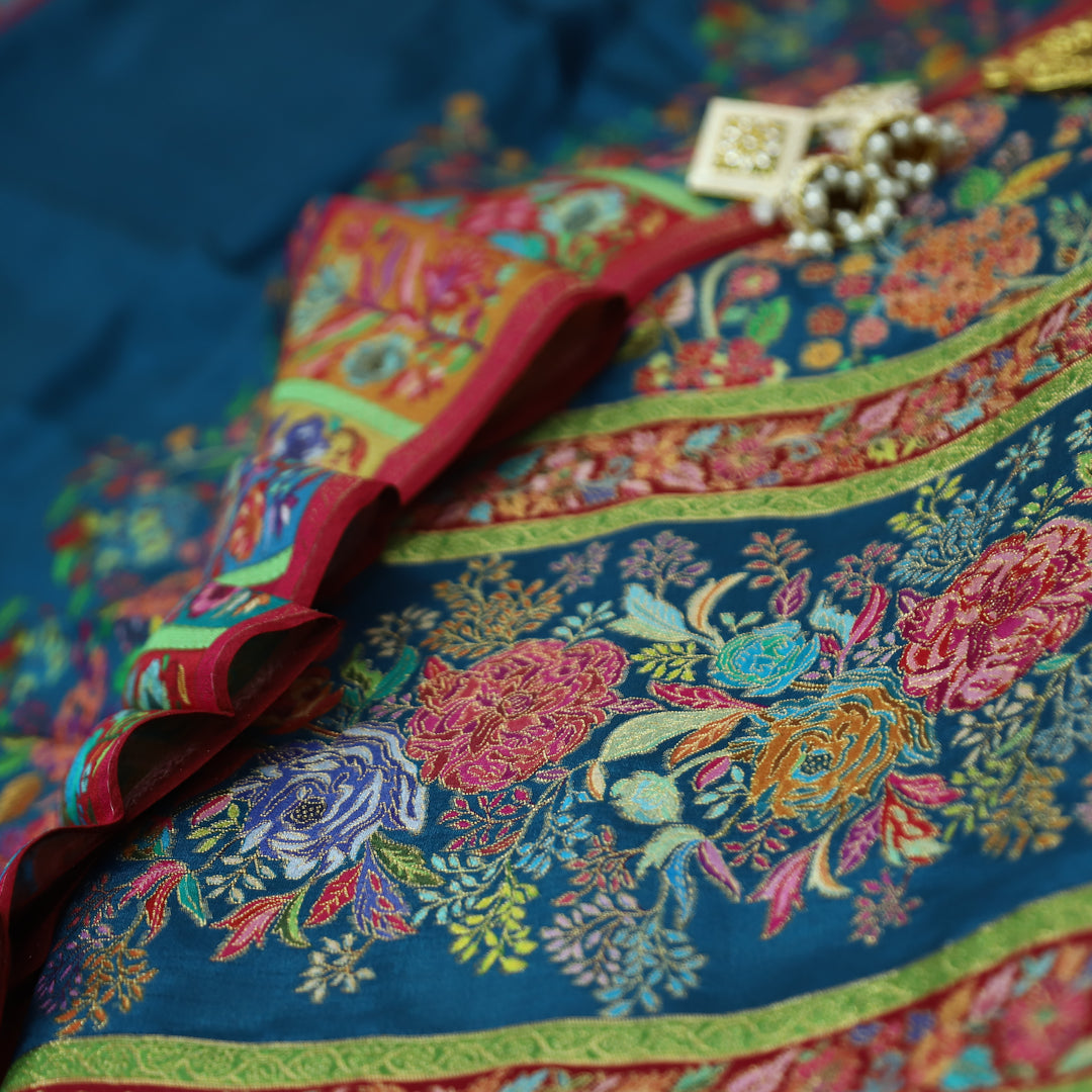 Saraayah Teal Luxe Pochampally Print in Pogishan Jacquard Weaved Gajji Silk Set