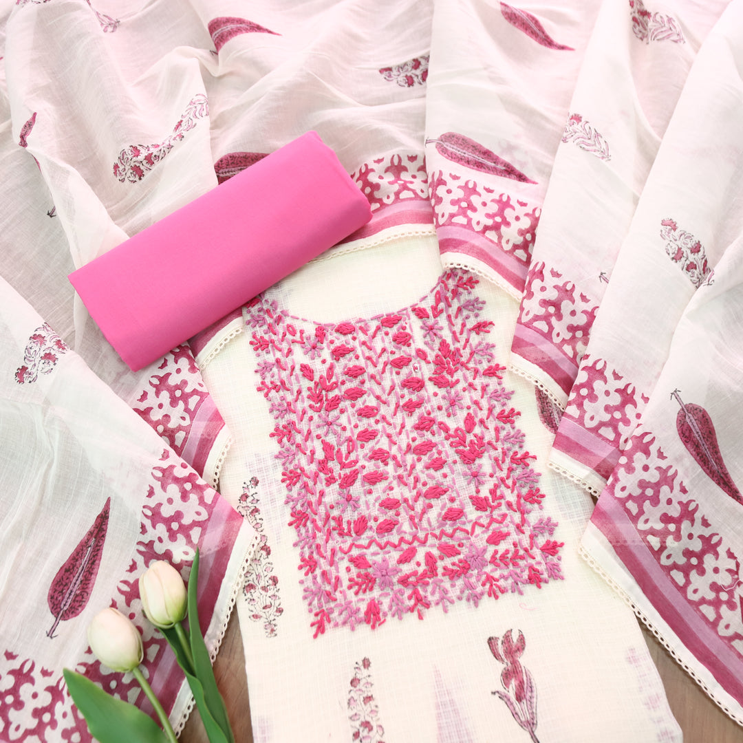 Shanvi Pearl White with Pink Kolkata Embroidered Kota Doriya Set