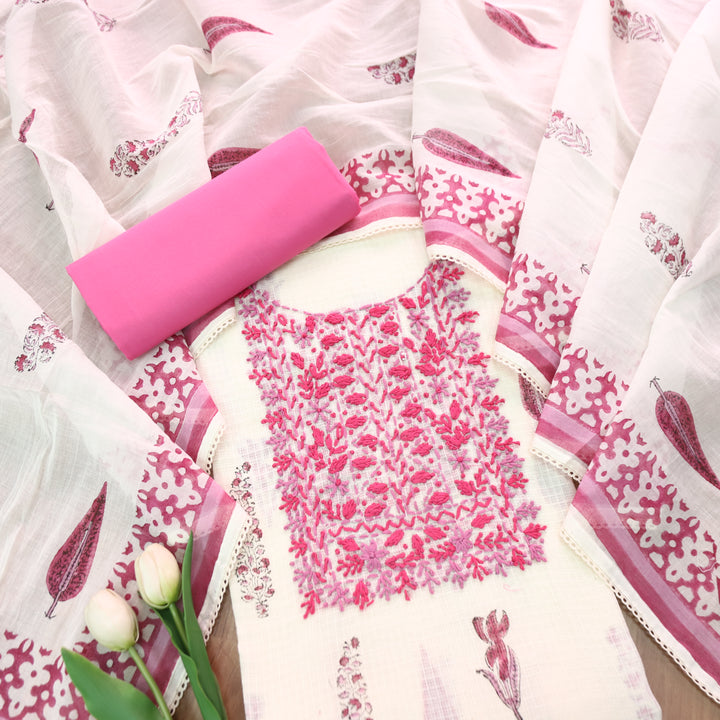 Shanvi Pearl White with Pink Kolkata Embroidered Kota Doriya Set