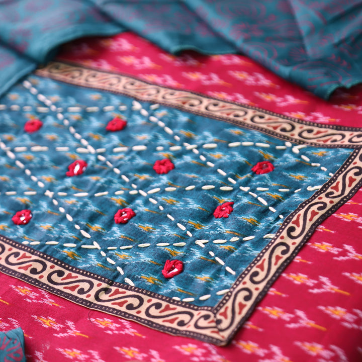 Sangroop Pink with Teal Ikkat Printed Cotton Suit Set