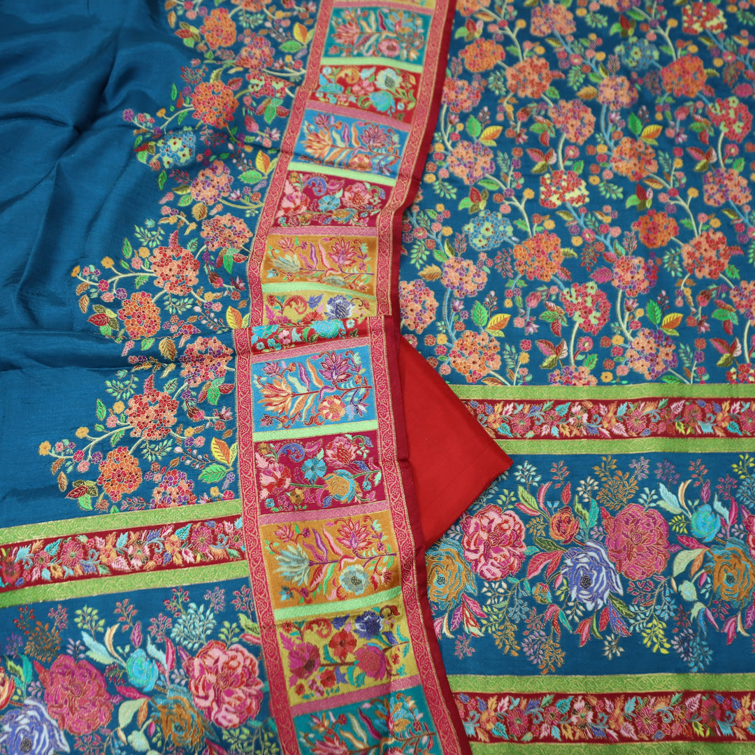 Saraayah Teal Luxe Pochampally Print in Pogishan Jacquard Weaved Gajji Silk Set