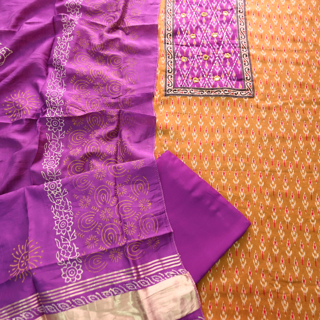 Sangroop Peanut Yellow with Purple Ikkat Printed Cotton Suit Set