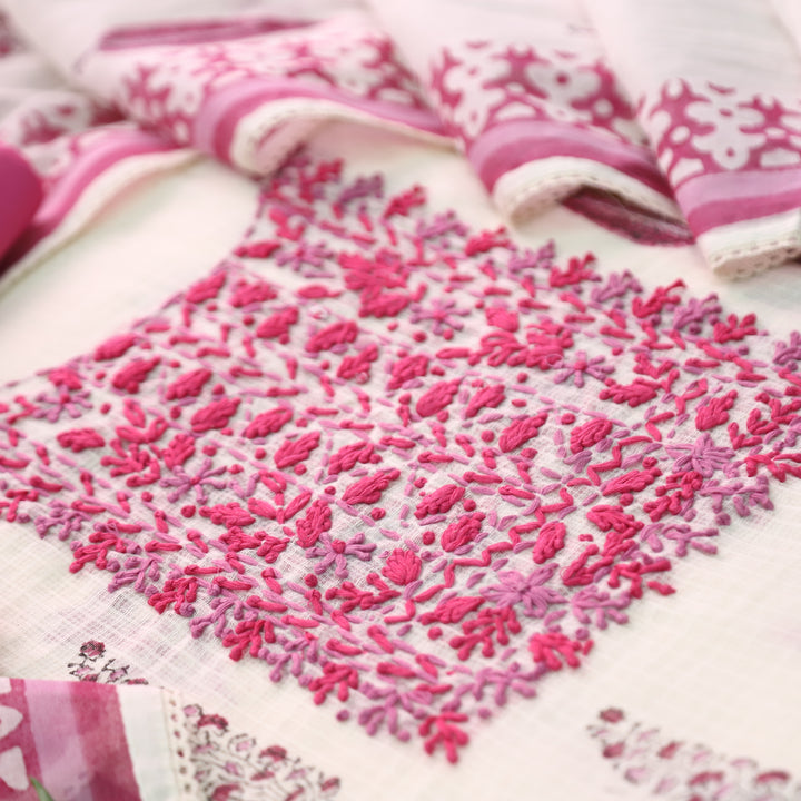 Shanvi Pearl White with Pink Kolkata Embroidered Kota Doriya Set