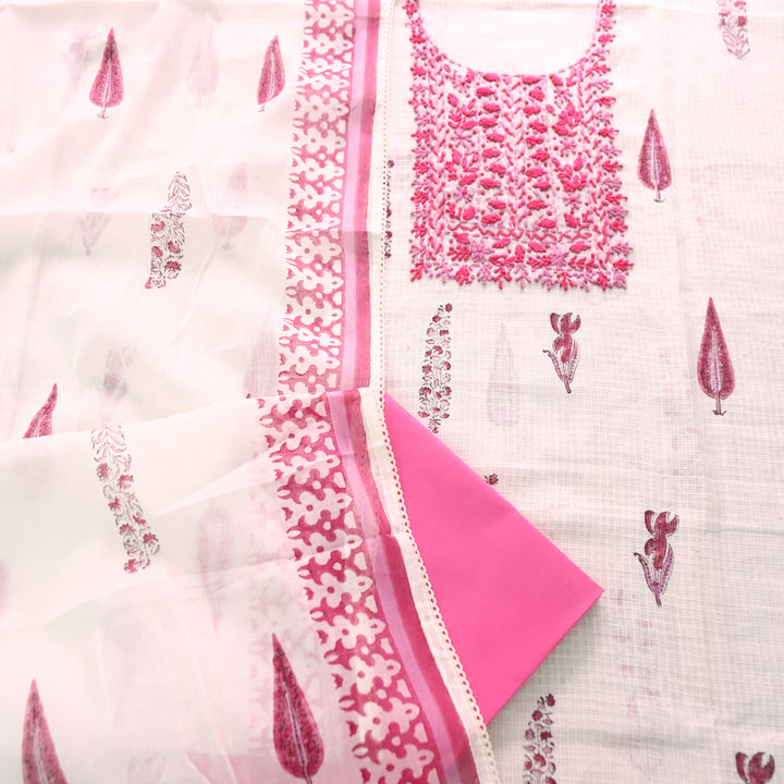 Shanvi Pearl White with Pink Kolkata Embroidered Kota Doriya Set