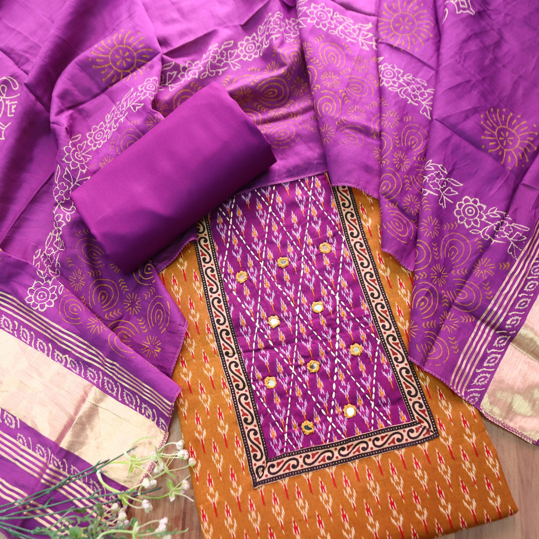 Sangroop Peanut Yellow with Purple Ikkat Printed Cotton Suit Set