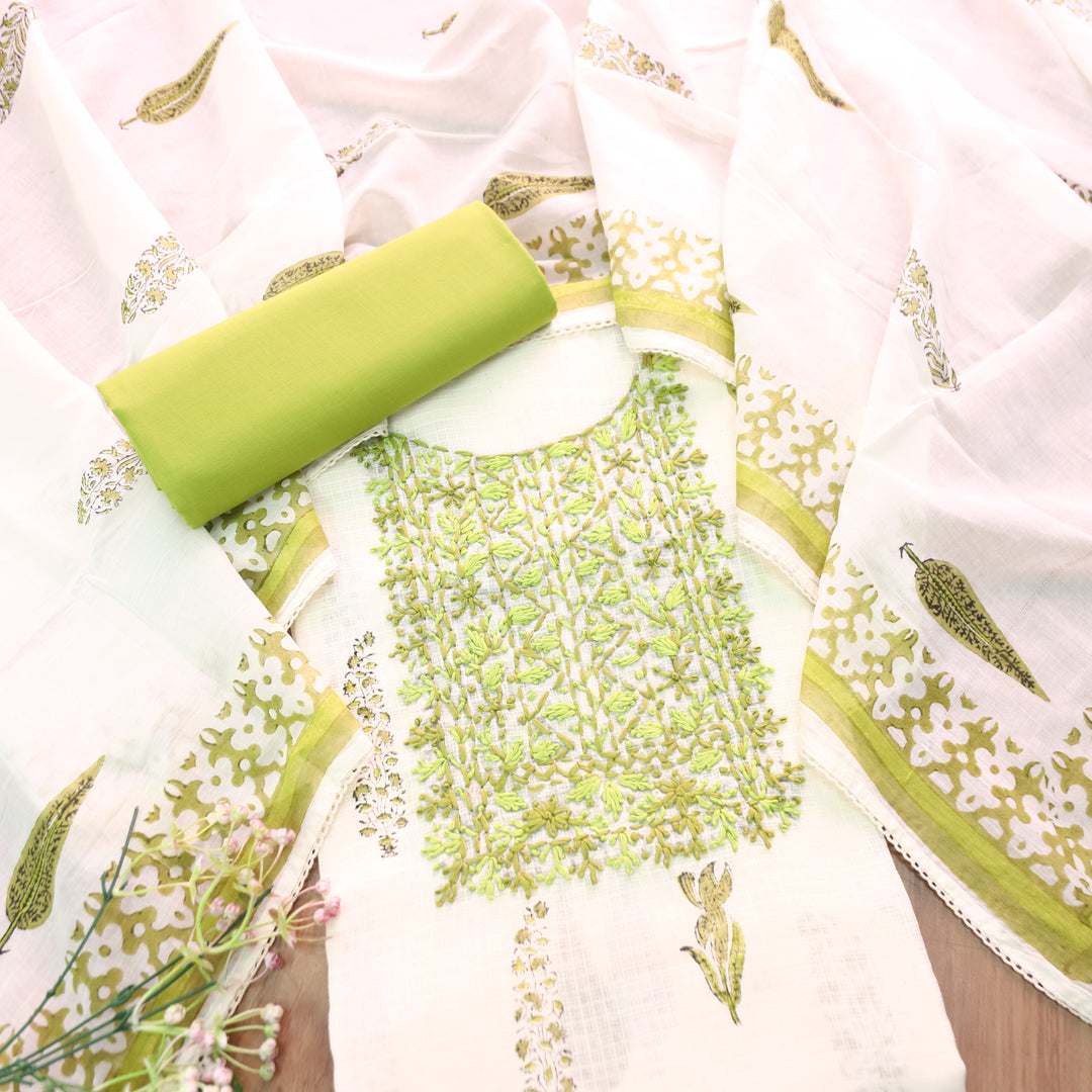 Shanvi Pearl White with Green Kolkata Embroidered Kota Doriya Set