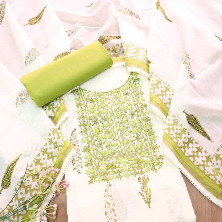 Shanvi Pearl White with Green Kolkata Embroidered Kota Doriya Set