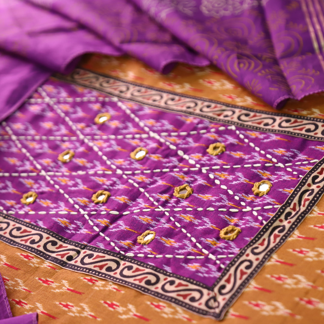 Sangroop Peanut Yellow with Purple Ikkat Printed Cotton Suit Set