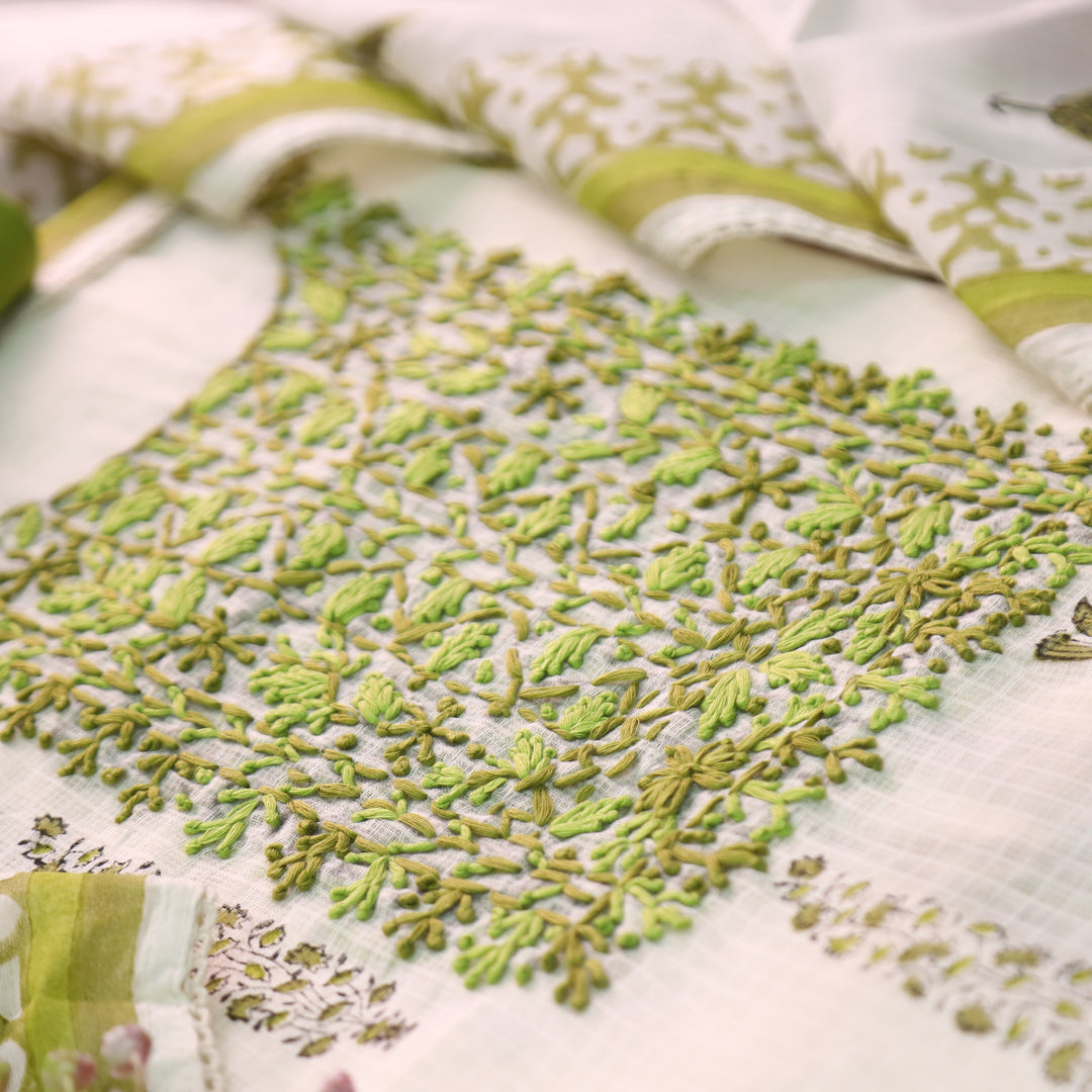 Shanvi Pearl White with Green Kolkata Embroidered Kota Doriya Set