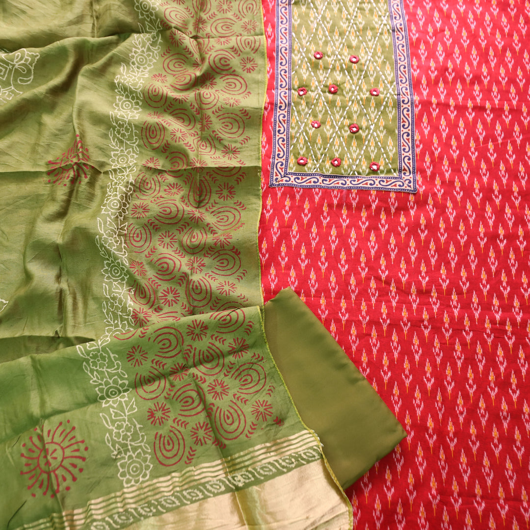 Sangroop Teal with Green Ikkat Printed Cotton Suit Set