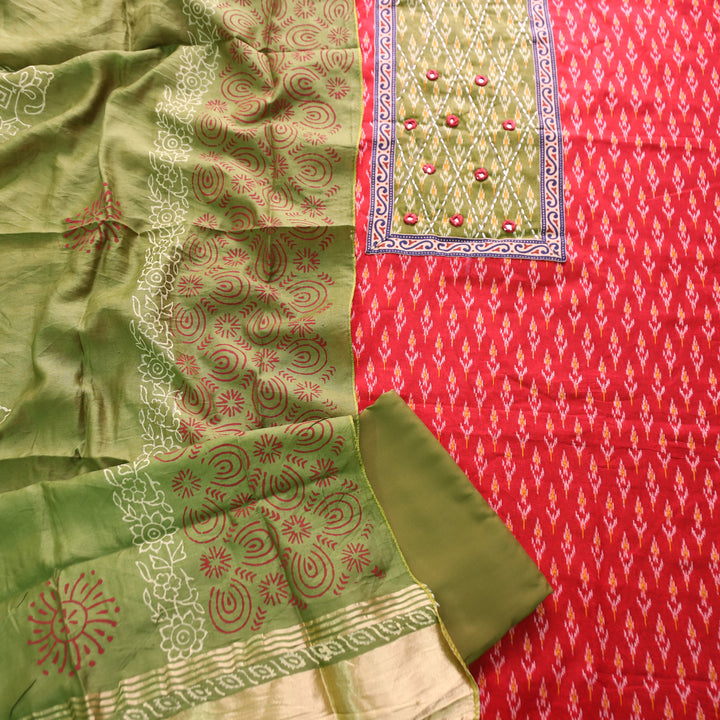 Sangroop Teal with Green Ikkat Printed Cotton Suit Set