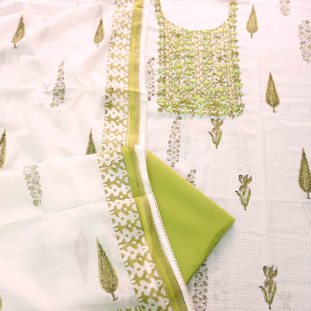 Shanvi Pearl White with Green Kolkata Embroidered Kota Doriya Set