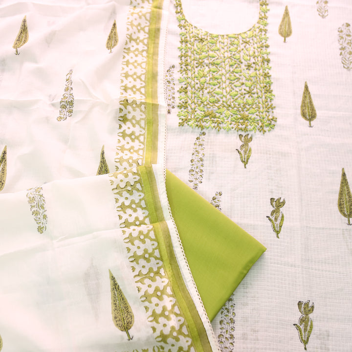 Shanvi Pearl White with Green Kolkata Embroidered Kota Doriya Set