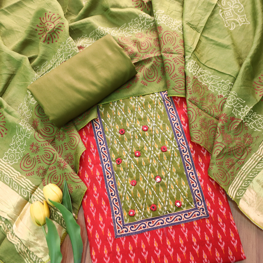 Sangroop Teal with Green Ikkat Printed Cotton Suit Set