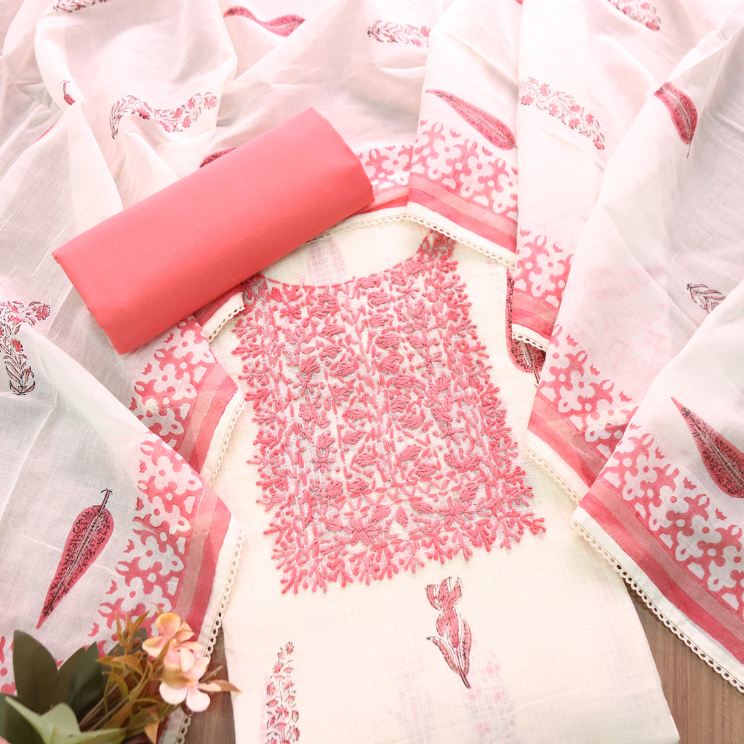 Shanvi Pearl White with Coral Kolkata Embroidered Kota Doriya Set