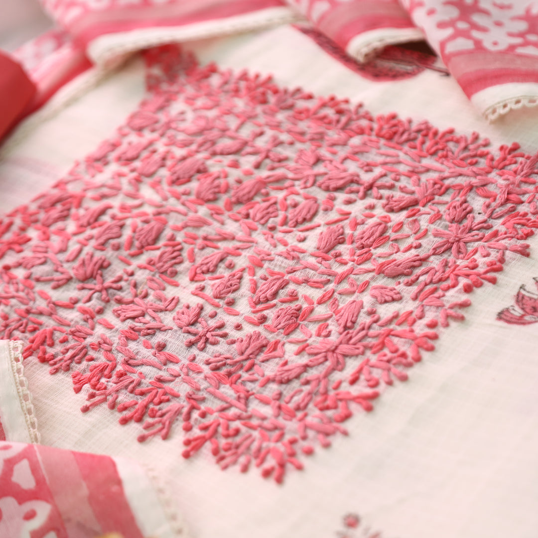 Shanvi Pearl White with Coral Kolkata Embroidered Kota Doriya Set