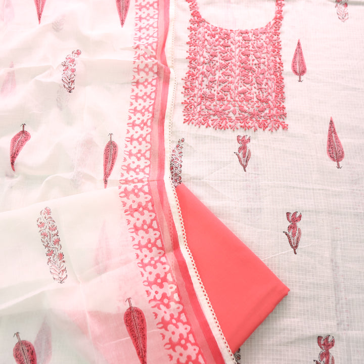 Shanvi Pearl White with Coral Kolkata Embroidered Kota Doriya Set