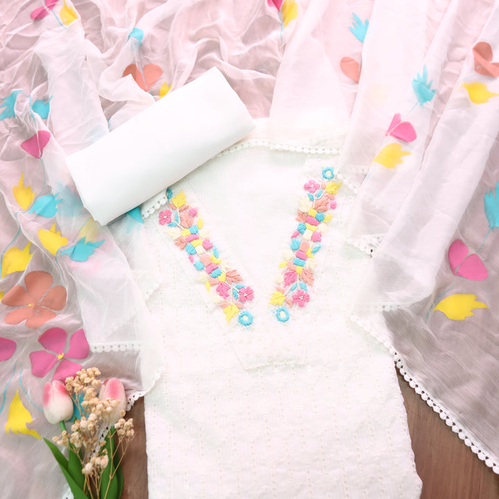 Aynur Pearl White EMbroidered V Neck Kota Doriya Schiffli Set