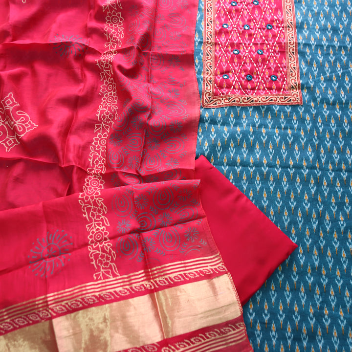 Sangroop Aqua Teal with Pink Ikkat Printed Cotton Suit Set