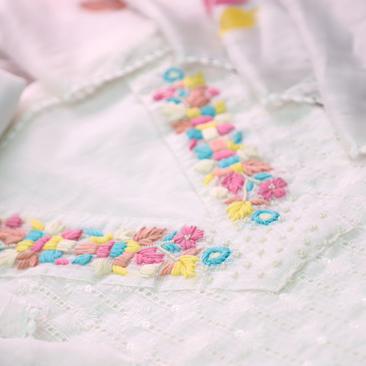 Aynur Pearl White EMbroidered V Neck Kota Doriya Schiffli Set