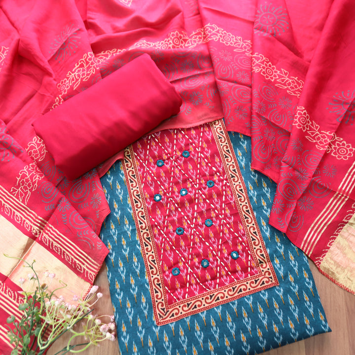 Sangroop Aqua Teal with Pink Ikkat Printed Cotton Suit Set