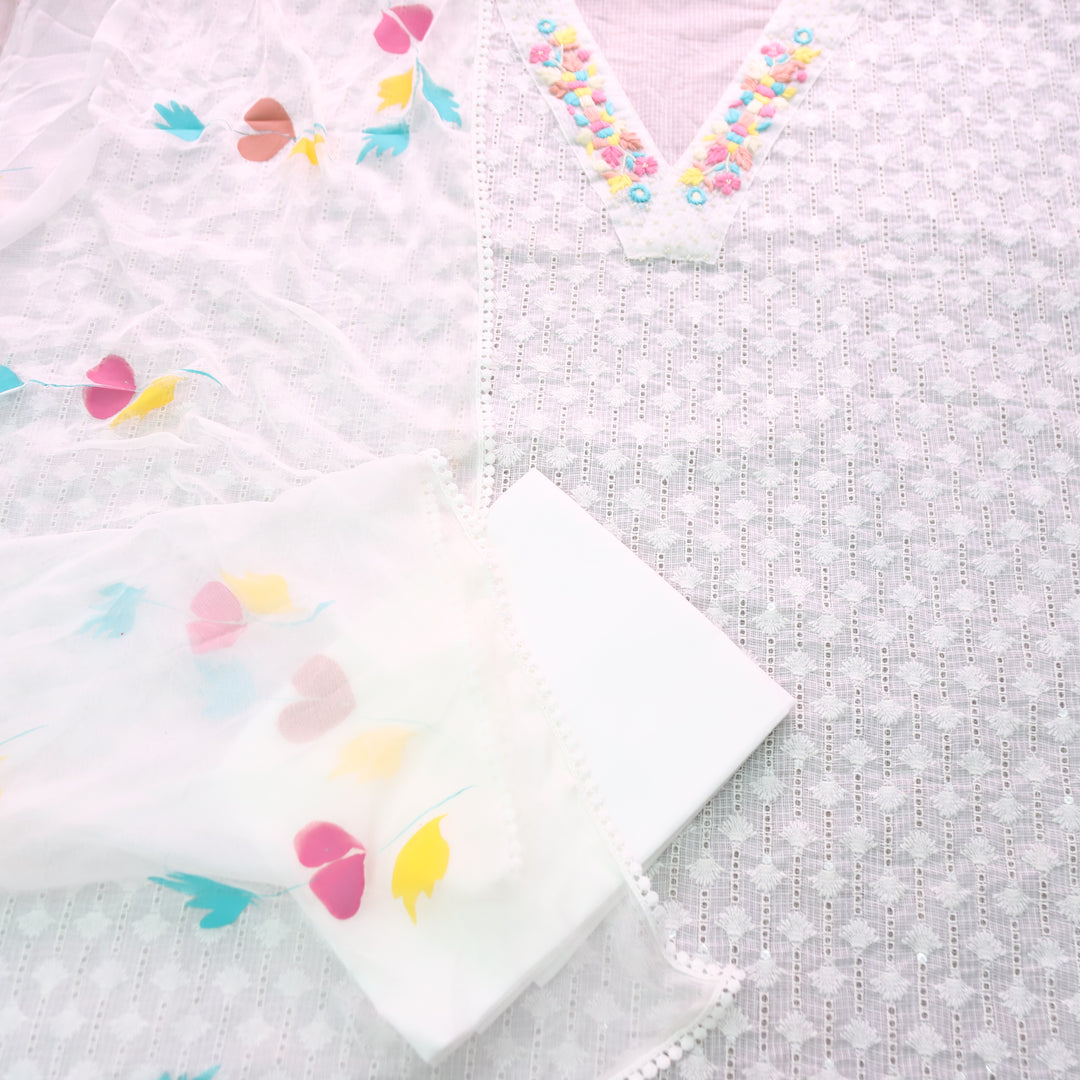 Aynur Pearl White EMbroidered V Neck Kota Doriya Schiffli Set