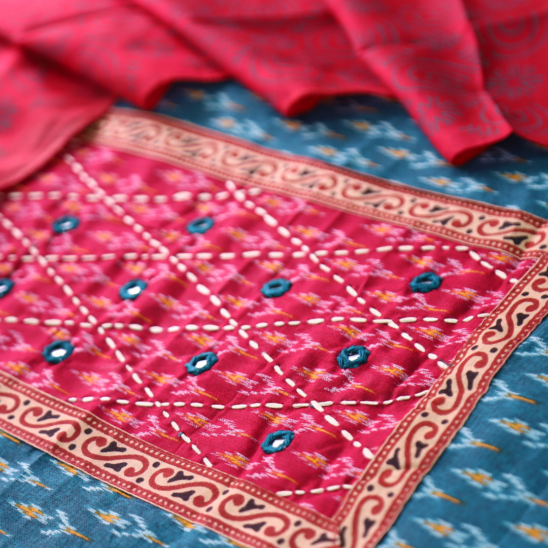 Sangroop Aqua Teal with Pink Ikkat Printed Cotton Suit Set
