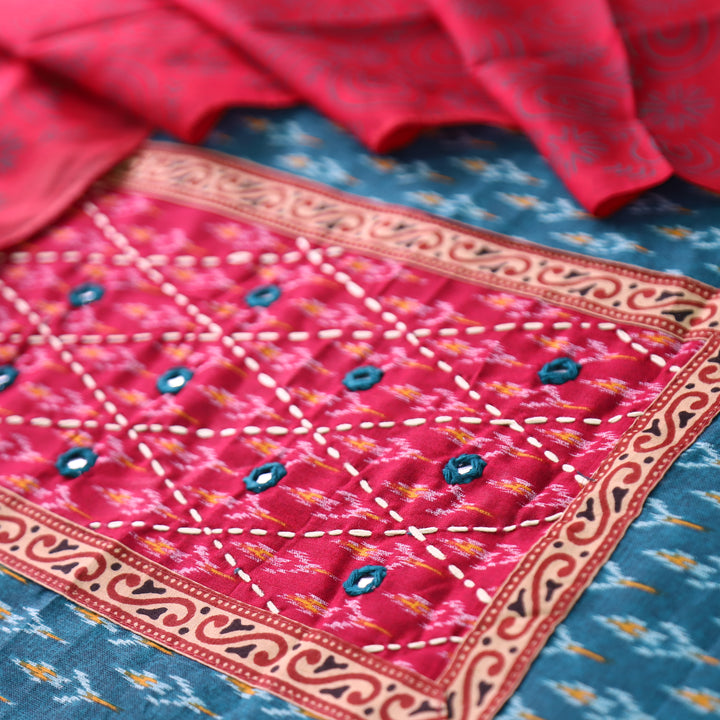 Sangroop Aqua Teal with Pink Ikkat Printed Cotton Suit Set