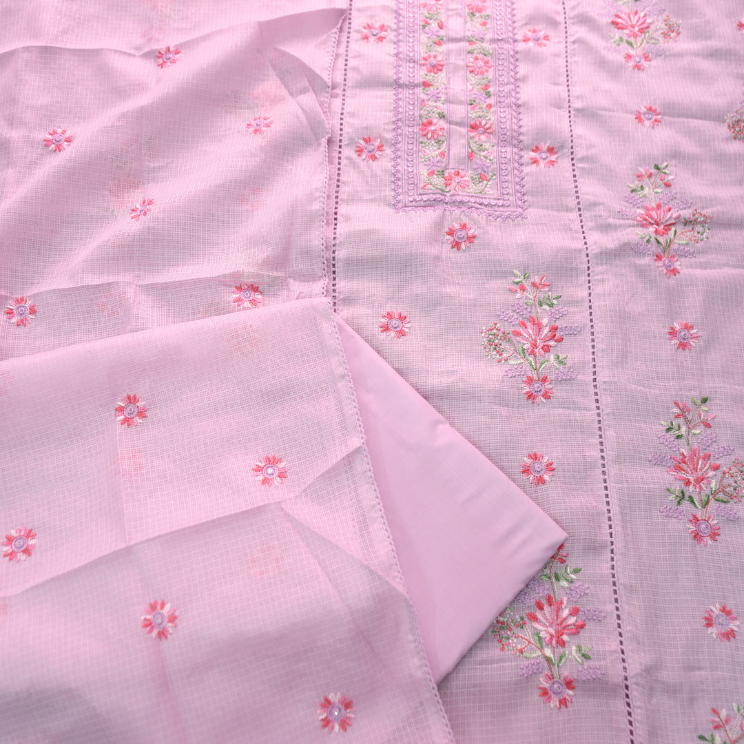 Gulmeher Orchid Lilac Thread Embroidered Neck Kota Doriya Set