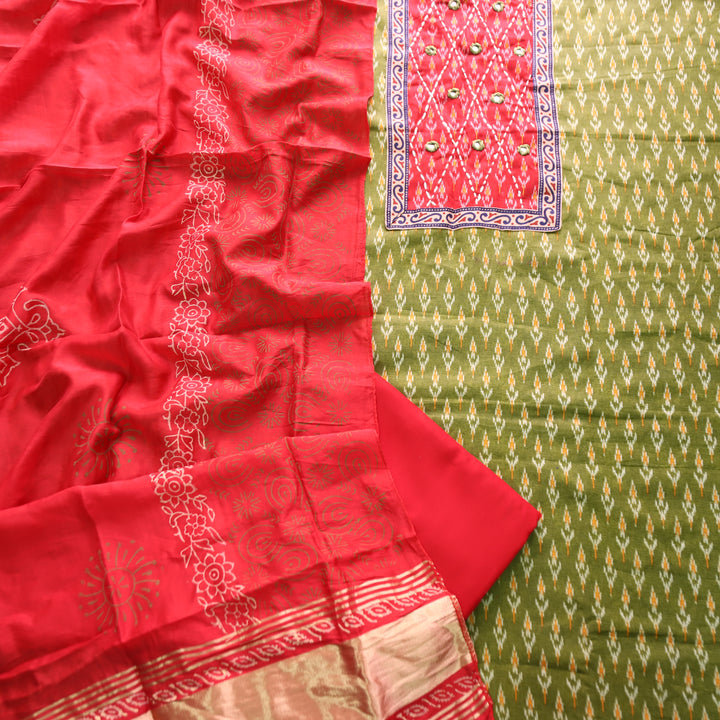 Sangroop Pine Green with Red Ikkat Printed Cotton Suit Set