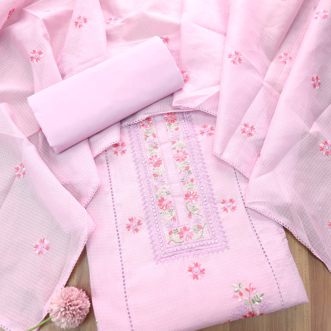 Gulmeher Orchid Lilac Thread Embroidered Neck Kota Doriya Set