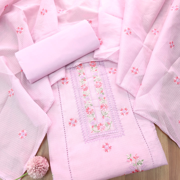 Gulmeher Orchid Lilac Thread Embroidered Neck Kota Doriya Set
