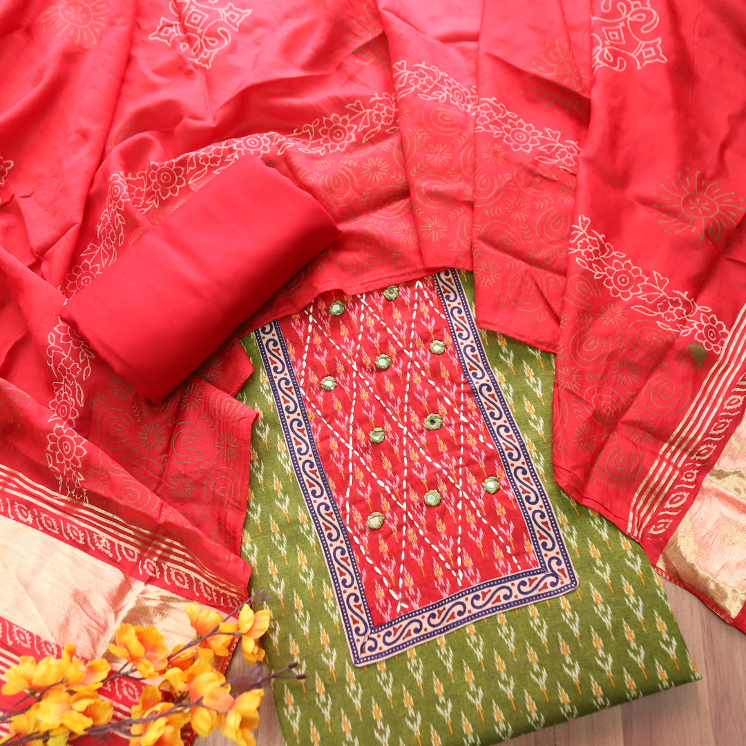 Sangroop Pine Green with Red Ikkat Printed Cotton Suit Set