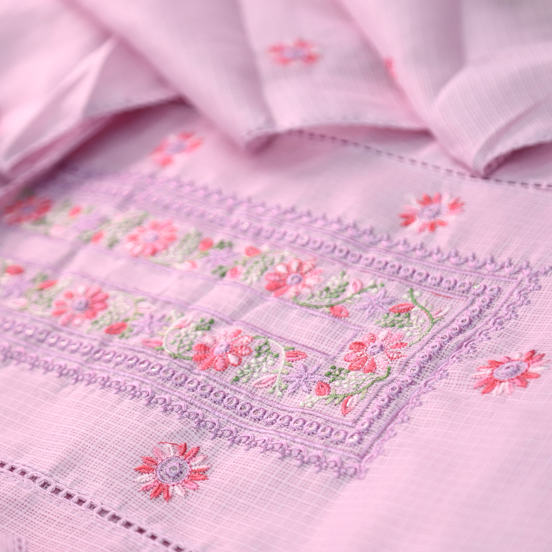 Gulmeher Orchid Lilac Thread Embroidered Neck Kota Doriya Set