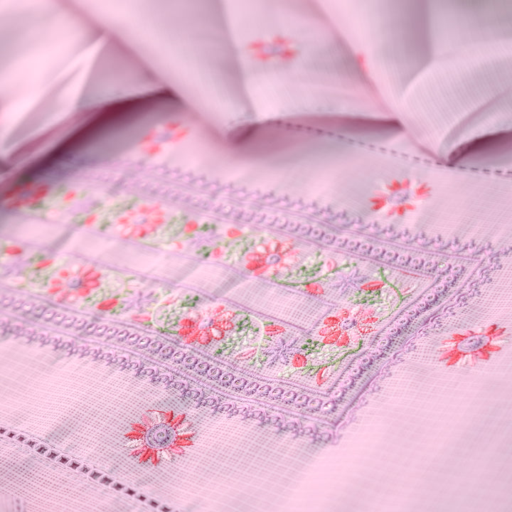 Gulmeher Orchid Lilac Thread Embroidered Neck Kota Doriya Set
