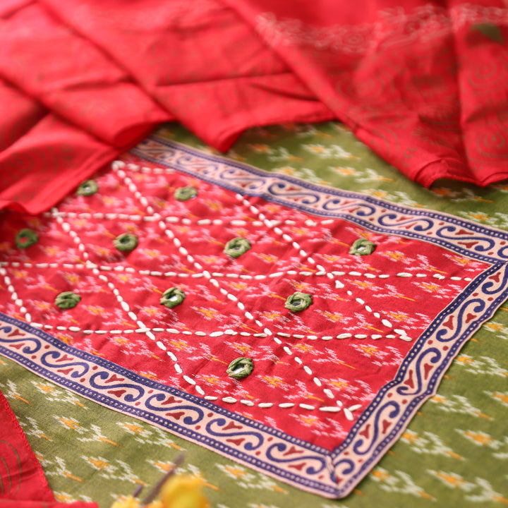 Sangroop Pine Green with Red Ikkat Printed Cotton Suit Set