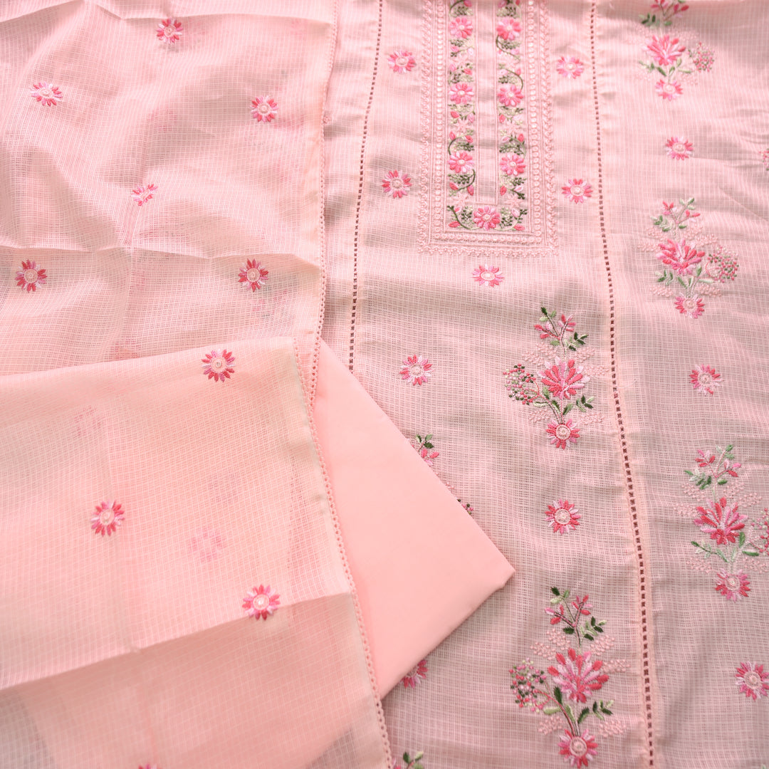 Gulmeher Pumpkin Peach Thread Embroidered Neck Kota Doriya Set