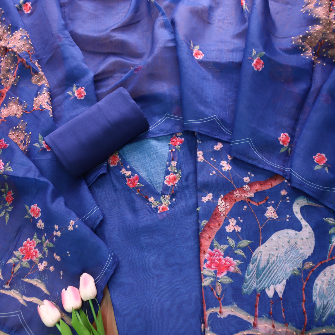 Farhana Royal Blue French Knot Work Printed Hem Chandert Set