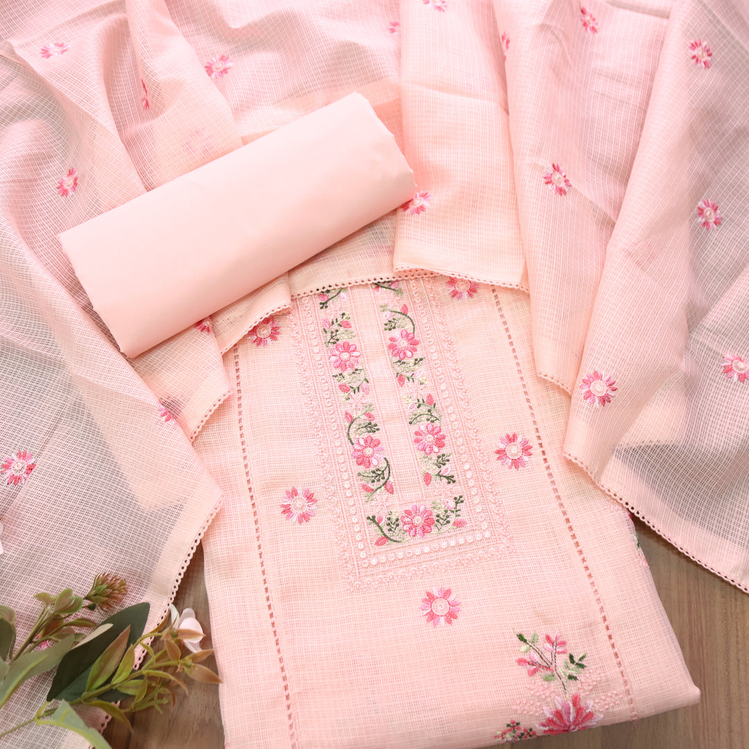 Gulmeher Pumpkin Peach Thread Embroidered Neck Kota Doriya Set