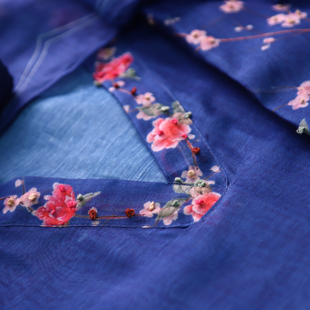 Farhana Royal Blue French Knot Work Printed Hem Chandert Set
