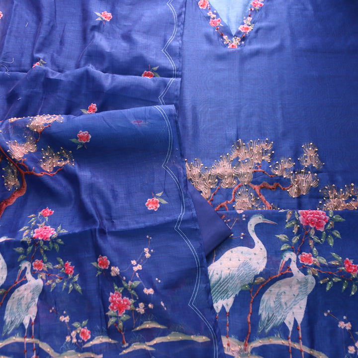 Farhana Royal Blue French Knot Work Printed Hem Chandert Set